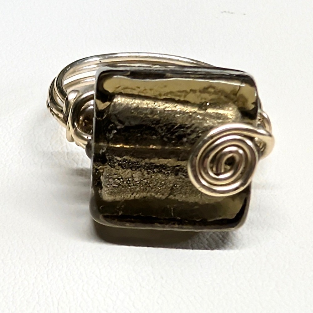 New HandMade Murano Glass Wire Wrapped Ring Sz 9.5 Brown Silvertone Foil Spiral‎